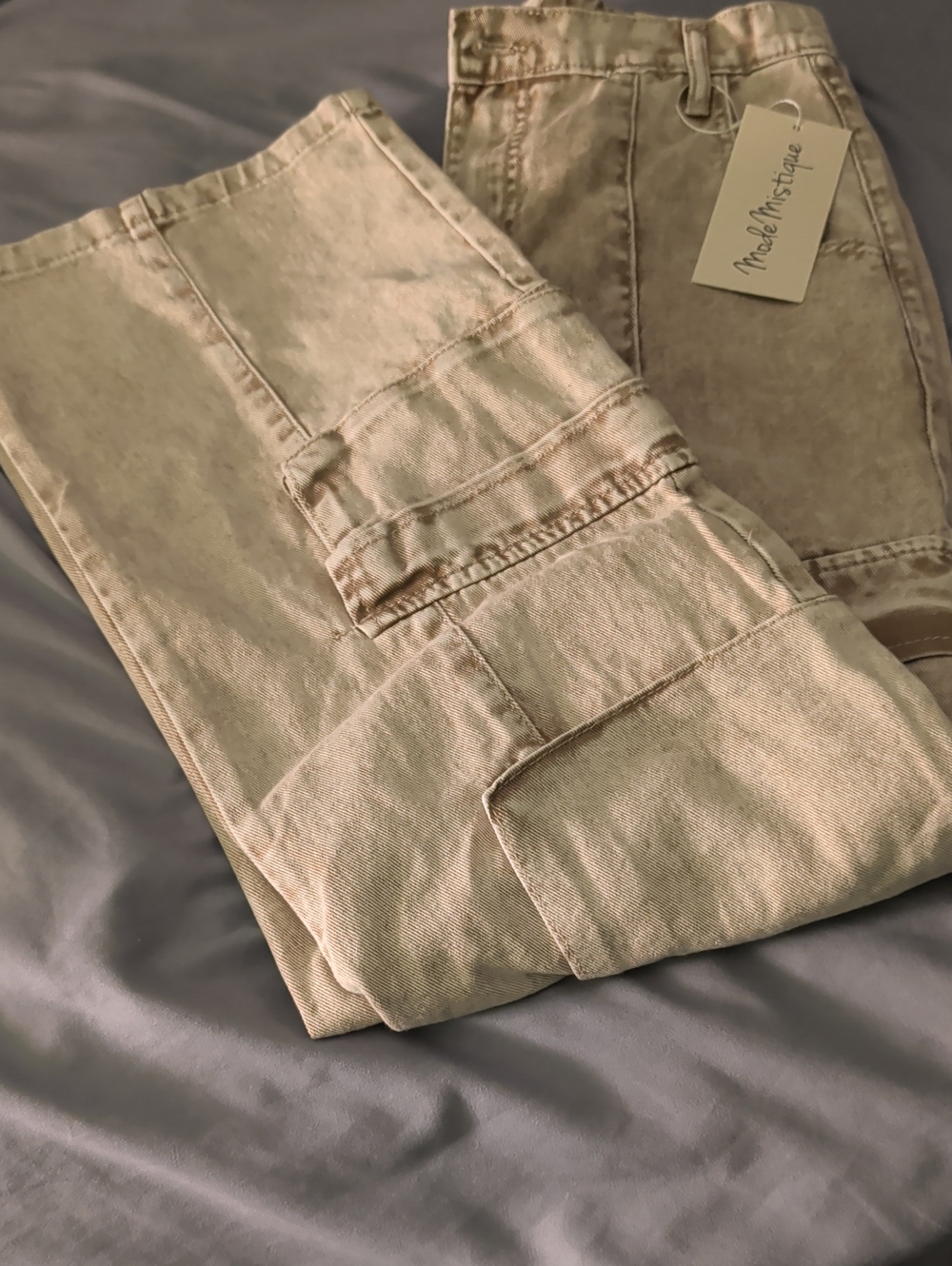 Mode Mistique Ladies Beige/Tan Denim Cargo Pants - Utility Pocket Style